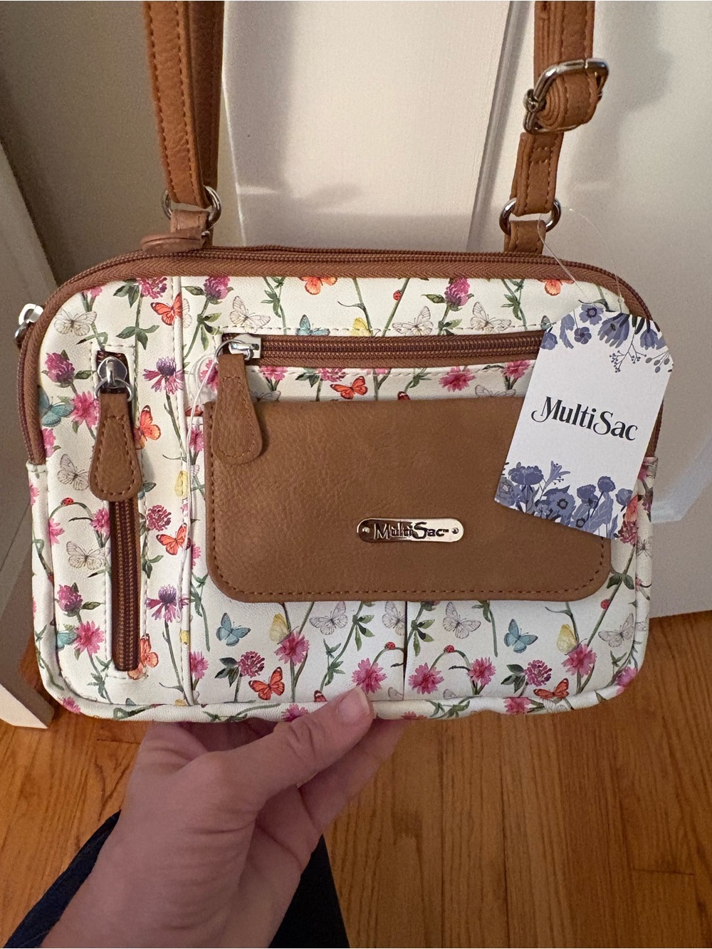 Multisac Floral Butterfly Crossbody Bag - Cream with Tan Trim